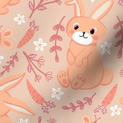 big// Bunnies Carrots Butterflies Floral Easter Pantone Peach Fuzz Pink background