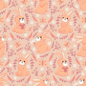 big// Bunnies Carrots Butterflies Floral Easter Pantone Peach Fuzz Pink background