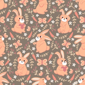 big// Bunnies Carrots Butterflies Floral Easter Pantone Peach Fuzz Taupe Background