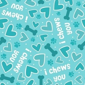 Large Scale Puppy Love I Chews You Dog Valentine Hearts Bones and Paw Prints in Blue