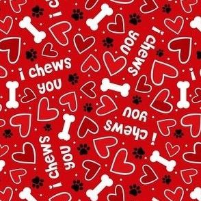 Medium Scale Puppy Love I Chews You Dog Valentine Hearts Bones and Paw Prints in Red