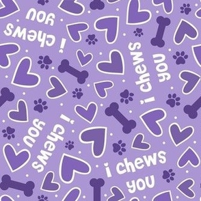 Large Scale Puppy Love I Chews You Dog Valentine Hearts Bones and Paw Prints in Purple