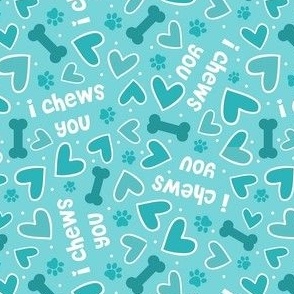 Medium Scale Puppy Love I Chews You Dog Valentine Hearts Bones and Paw Prints in Blue