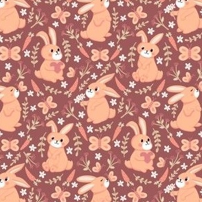 small// Bunnies Carrots Butterflies Floral Easter Pantone Peach Fuzz Burgundy Background