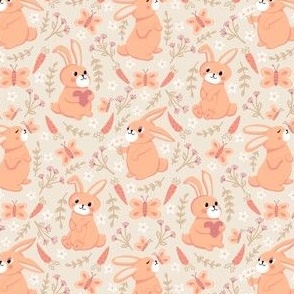 small// Bunnies Carrots Butterflies Floral Easter Pantone Peach Fuzz Cream Background