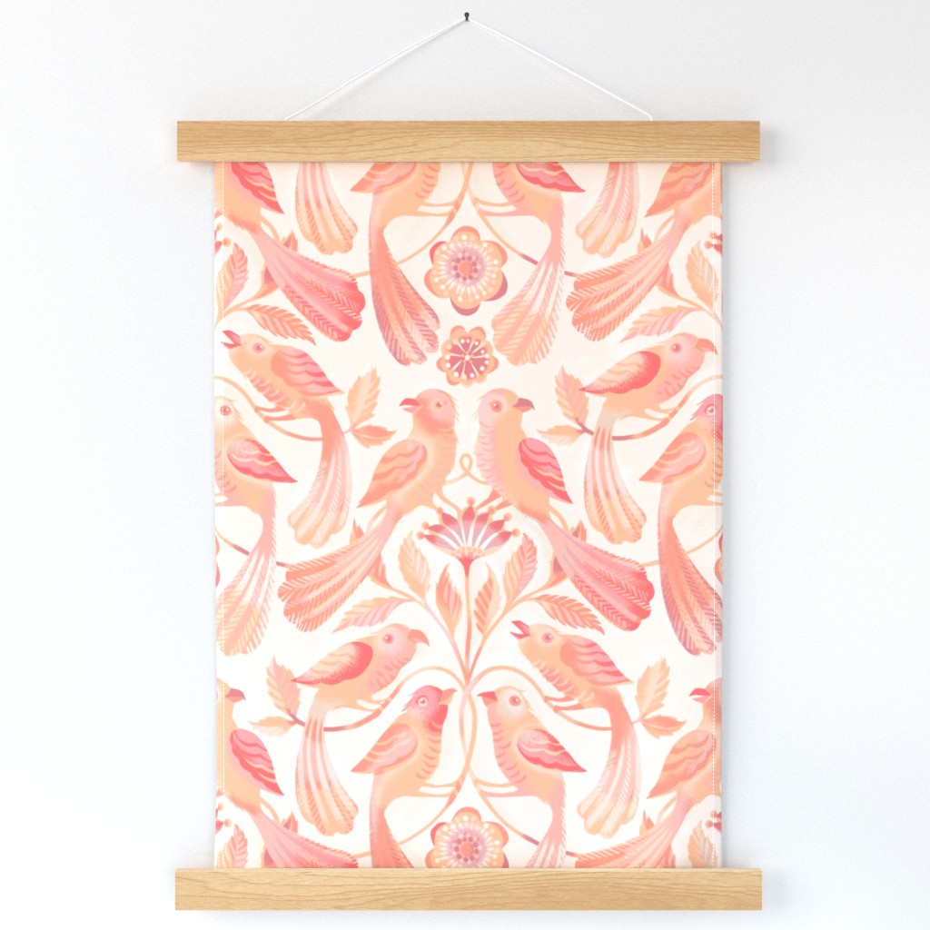 arts and crafts parakeet birds / peach on lightened 'peach fuzz' background / large scale col1 