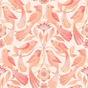 large scale col1 plethora of perching parakeets / peach on lightened 'peach fuzz' background