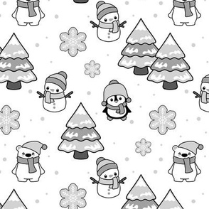 Woodland Snowman Gray Penguin Bear Winter Snow Pine Tree