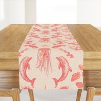 Textured Hand-drawn Coastal Damask with Ocean Animals for Pantone 2024 - Large