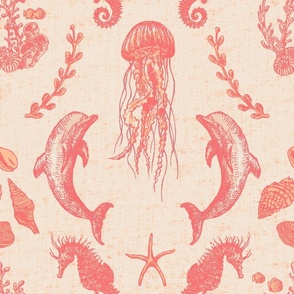 Textured Hand-drawn Coastal Damask with Ocean Animals for Pantone 2024 - Large