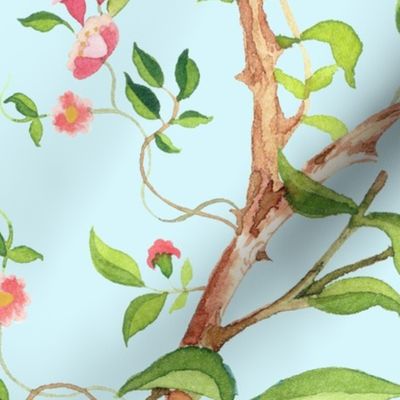 Costumer Wish - XXL - Antique Rococo Chinoiserie Flower Peony Trees With Flying Birds And Butterflies light turquoise- Marie Antoinette Chinoiserie inspired