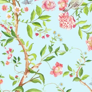 Costumer Wish - XXL - Antique Rococo Chinoiserie Flower Peony Trees With Flying Birds And Butterflies light turquoise- Marie Antoinette Chinoiserie inspired
