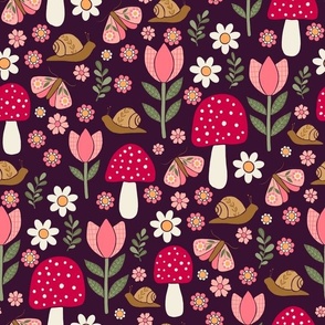 Large Mushroom Garden with Snails, Moths, Tulips  and Floral Blossoms on Maroon