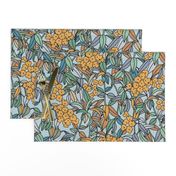Blue and Yellow Botanical Leaf with Floral Accents Design