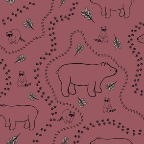  mountain life, medium, dark pink, black outline,the woods, soft colors, hiking boots, simple illustration, kids, nurse, scrubs, Bear, Deer, raccoon, hiking mountain trail, cozy cabin, forest, vintage camper, tent, life, snowy mountains, starry night
