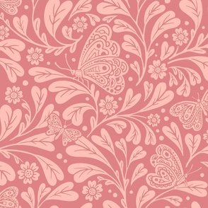 Butterfly Valentine  - Trailing Heart Shaped Leaves, Flowers and Butterflies - Pantone Peach Blossom