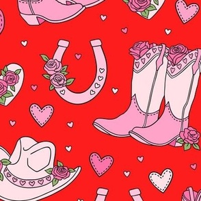 Cowgirl Valentines: Pink on Red (Large Scale)