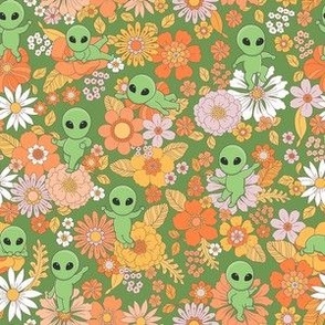 Cute Groovy Aliens with Flowers - Small Scale - Green Background Novelty Floral Space Little Green Men Aliens 70s 1970s Orange Retro