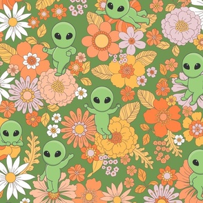 Cute Groovy Aliens with Flowers - Large Scale - Green Background Novelty Floral Space Little Green Men Aliens 70s 1970s Orange Retro