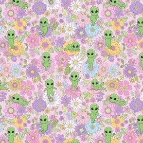 Cute Aliens with Flowers - Ditsy Mini Scale - Pastel Pink Background Novelty Pastel Floral Space Kid Girl Little Green Men UFO