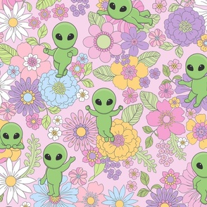 Cute Aliens with Flowers - Large Scale - Pastel Pink Background Novelty Pastel Floral Space Kid Girl Little Green Men UFO