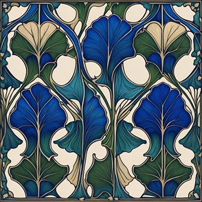 Art Nouveau Gingko in BlueGreenBeige_light