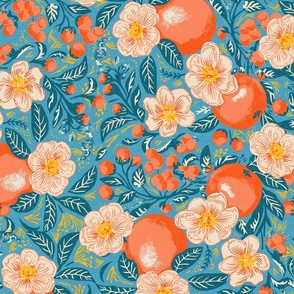 Oranges and Blossoms - bright on blue with texture