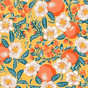 Oranges and Blossoms - bold & bright on yellow background with texture