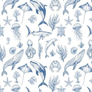 sea creatures blue toile, whale, shark, dolphin, beta, clown, star, jelly, crab, coral, seaweed, kelp