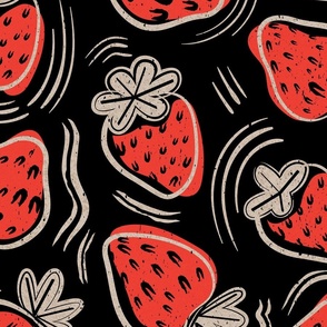 Large jumbo scale // Block print inspired strawberries // black background neon red fruits greige strokes