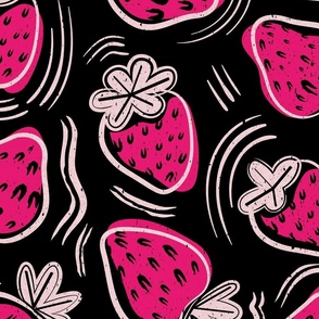 Large jumbo scale // Block print inspired strawberries // black background fuchsia pink fruits cotton candy pink strokes