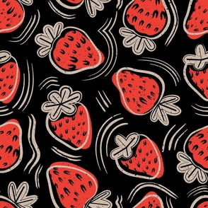Normal scale // Block print inspired strawberries // black background neon red fruits greige strokes