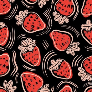 Normal scale // Block print inspired strawberries // black background fuchsia pink fruits cotton flesh coral strokes