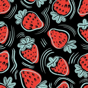 Normal scale // Block print inspired strawberries // black background fuchsia pink fruits aqua strokes