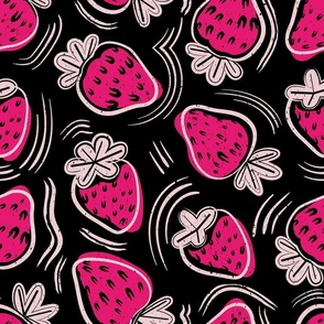 Normal scale // Block print inspired strawberries // black background fuchsia pink fruits cotton candy pink strokes