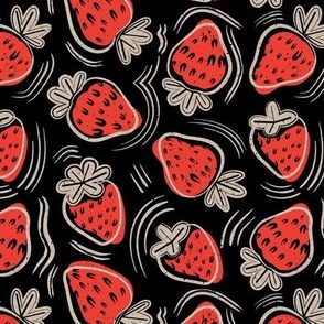 Small scale // Block print inspired strawberries // black background neon red fruits greige strokes
