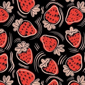 Small scale // Block print inspired strawberries // black background fuchsia pink fruits cotton flesh coral strokes