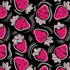 Small scale // Block print inspired strawberries // black background fuchsia pink fruits cotton candy pink strokes