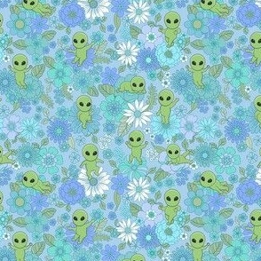 Cute Groovy Aliens with Flowers - Ditsy Scale - Blue and Green Vintage Color Scheme Novelty Floral Space Little Green Men Aliens 70s 1970s 60s sixties Retro