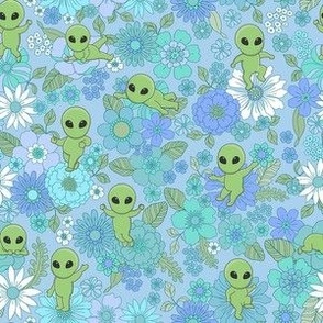 Cute Groovy Aliens with Flowers - Small Scale - Blue and Green Vintage Color Scheme Novelty Floral Space Little Green Men Aliens 70s 1970s 60s sixties Retro