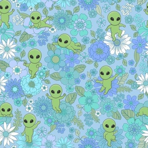 Cute Groovy Aliens with Flowers - Medium Scale - Blue and Green Vintage Color Scheme Novelty Floral Space Little Green Men Aliens 70s 1970s 60s sixties Retro
