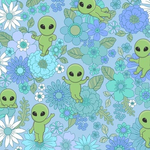 Cute Groovy Aliens with Flowers - Large Scale - Blue and Green Vintage Color Scheme Novelty Floral Space Little Green Men Aliens 70s 1970s 60s sixties Retro