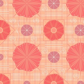 Abstract Sand Dollars, Squiggles, and Checks; MED SCALE 4800, v02—peach fuzz, pantone 2023, floral, purple, pink, orange, check, plaid, spiral, wallpaper, bedding, curtain, sheets