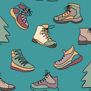 Boots with tree, large, aqua, black outline, mountain life, the woods, soft colors, hiking boots, simple illustration, kids, nurse, scrubs, tennis shoes, running, hiking, mountain trail, forest, feet, pairs, laces, walking, exercise