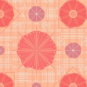 Abstract Sand Dollars, Squiggles, and Checks; LG SCALE 6300, v02—peach fuzz, pantone 2023, floral, purple, pink, orange, check, plaid, spiral, wallpaper, bedding, curtain, sheets