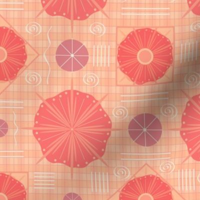  Abstract Sand Dollars, Squiggles, and Checks; SM SCALE, 2400, v02—peach fuzz, pantone 2023, floral, purple, pink, orange, check, plaid, spiral, wallpaper, bedding, curtain, sheets