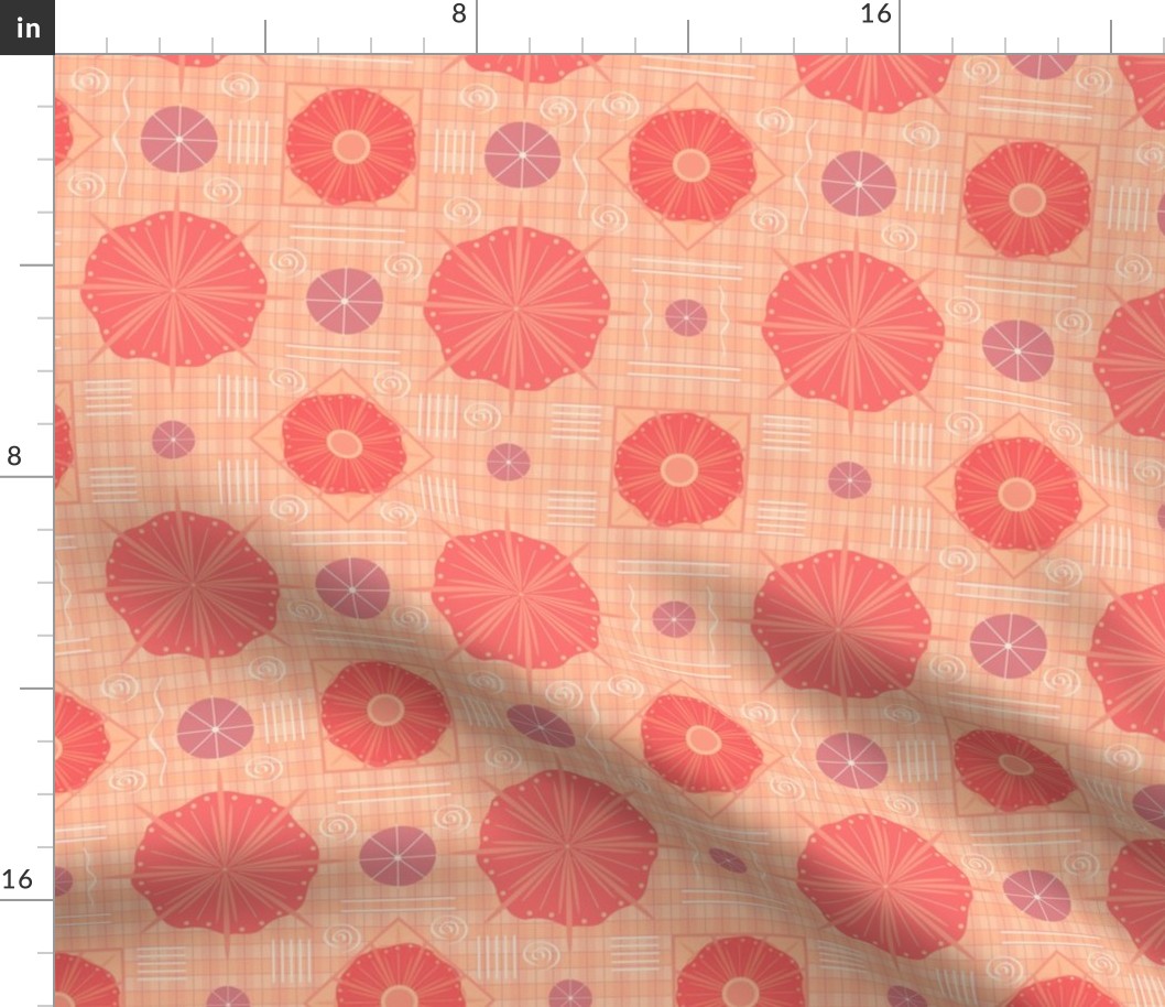  Abstract Sand Dollars, Squiggles, and Checks; SM SCALE, 2400, v02—peach fuzz, pantone 2023, floral, purple, pink, orange, check, plaid, spiral, wallpaper, bedding, curtain, sheets