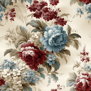 Traditional Burgundy and Blue Classic Chintz Floral With Sage Green Leaves on a Cream Backdrop