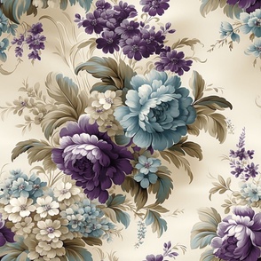 Traditional Floral Cool Dark Purple and Blue on Cream