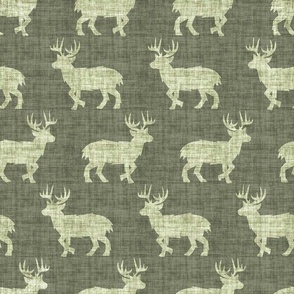 Shaggy Deer on Linen - Medium - Dark Forest Green Rustic Cabincore Boys Masculine Men Outdoors Hunting Cabincore